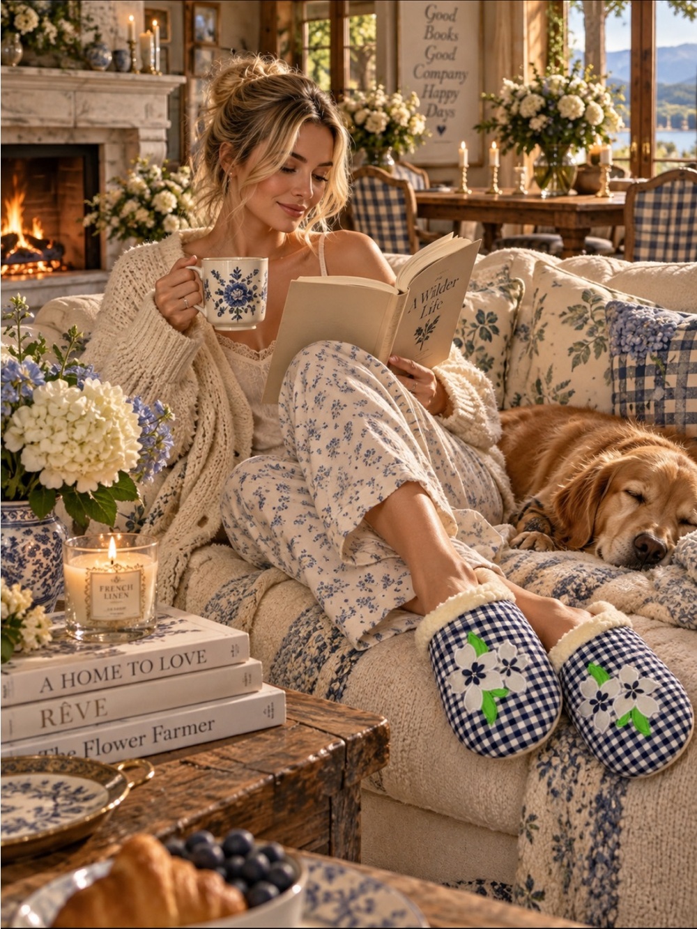 LandsEnd x Draper James Womens Scuff Slippers Warm Sherpa Lined Gingham & Clover